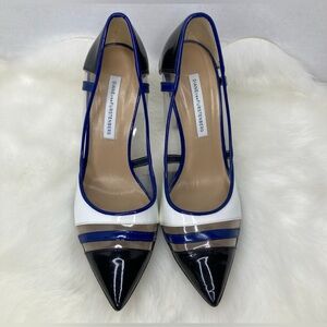 ISO Diane Von Furstenberg Black and White Heels with Blue Accents patent